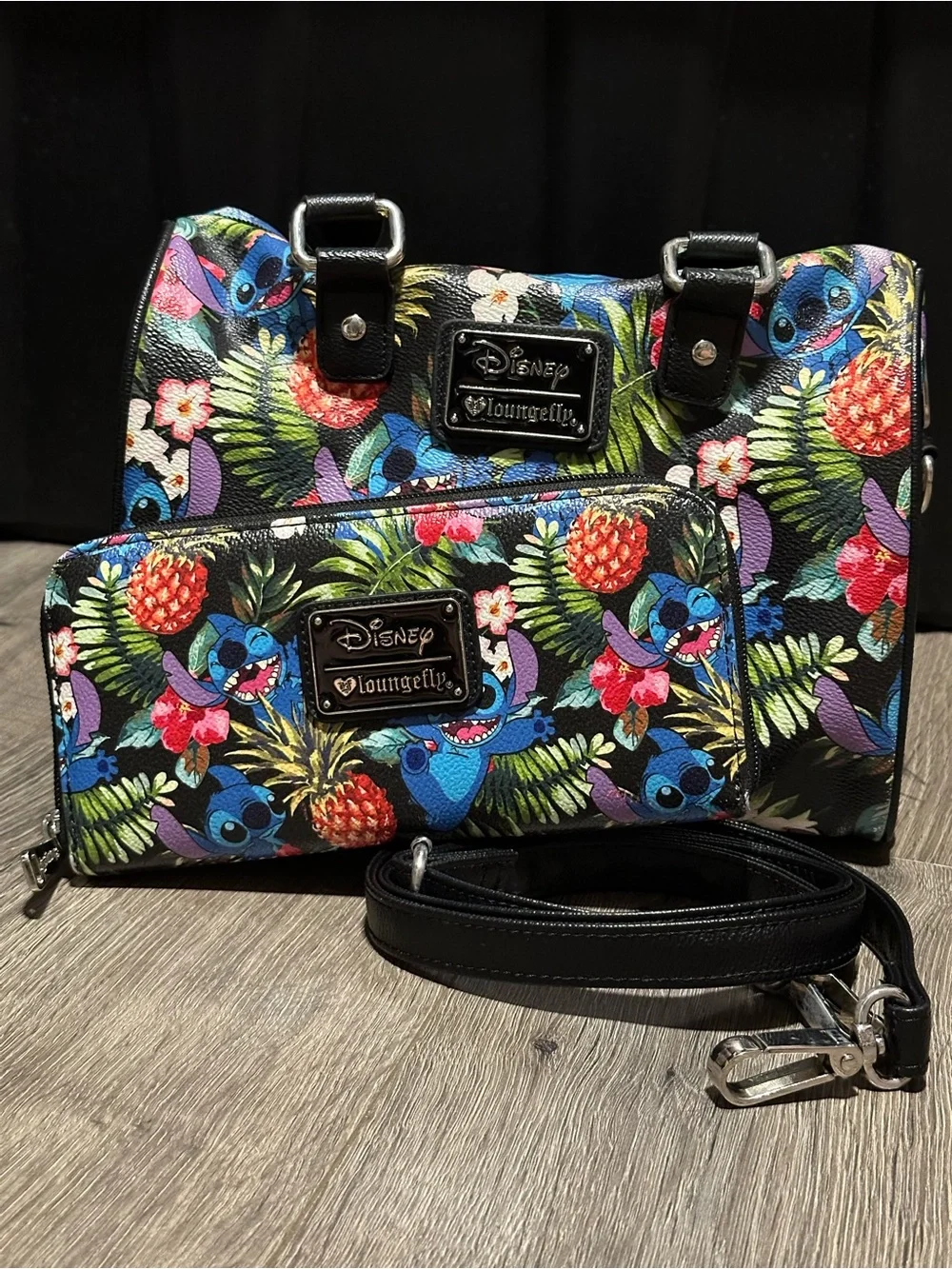 Loungefly Black Tropical Stitch Satchel & Wallet Set with Blue Accents